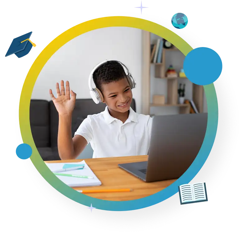 Illustration d'un enfant apprenant le français en ligne